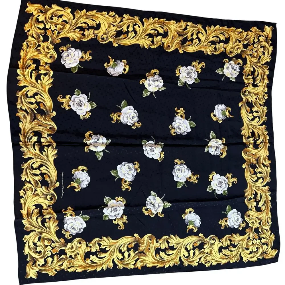 Jeannene Booher silk scarf large square satin brocade black gold & white floral